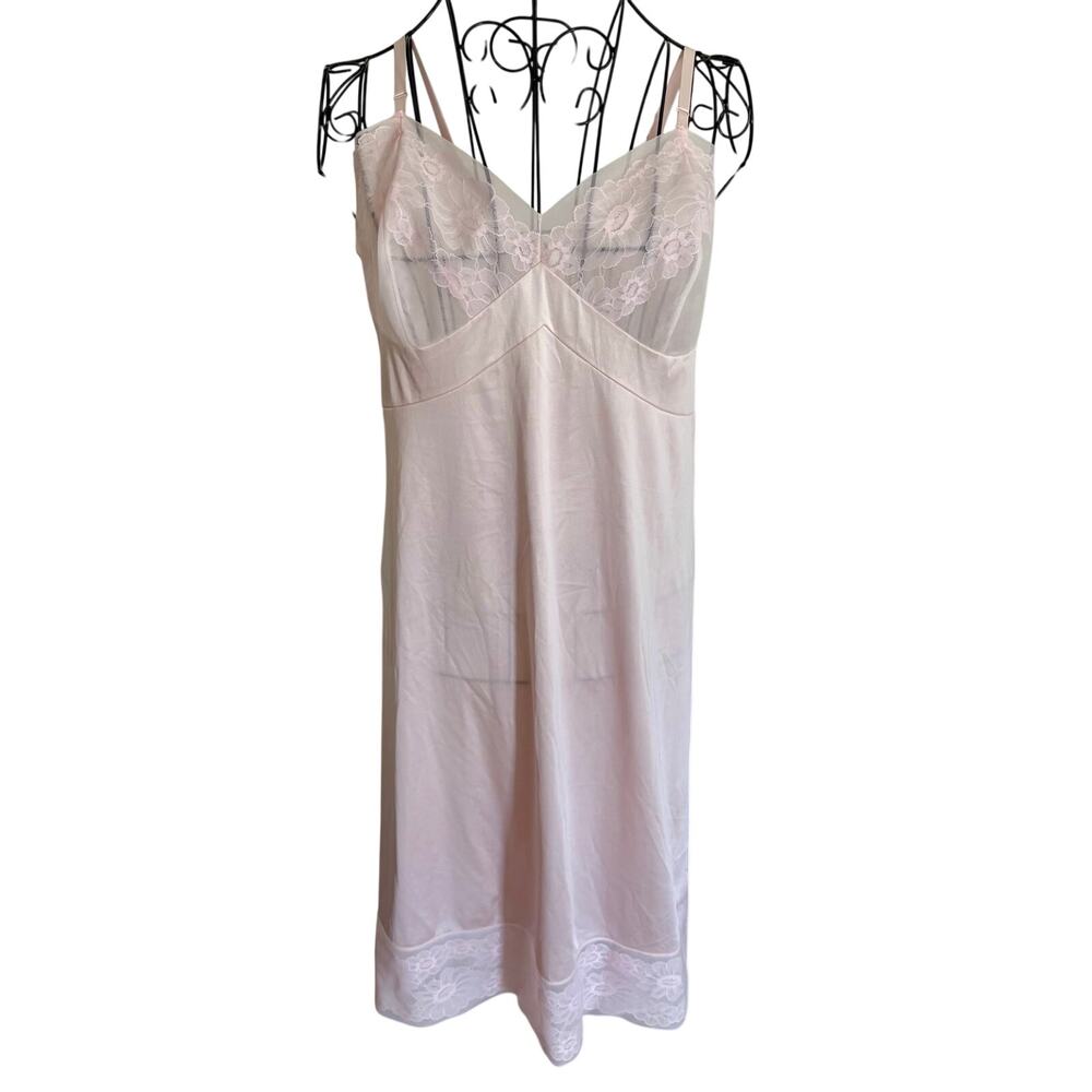 Vintage 70's MG Pale Pink Illusion Lace Shimmery Nightgown Slip Glam Retro Glam